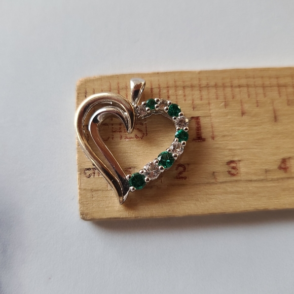 925 10K Gold White Spinal Green CZ Open Heart Pendant - Picture 9 of 10